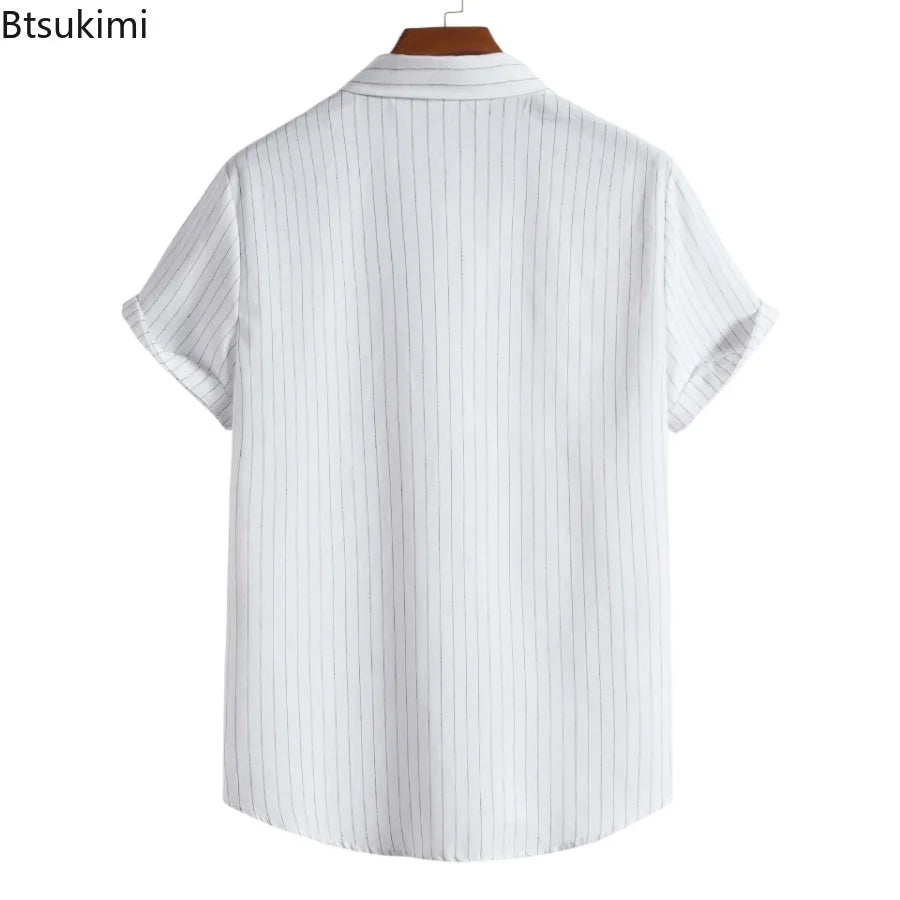 2026 Men's Striped Shirts Fashion Holiday Style Short Sleeve Casual Shirts Comfortable Loose Street Tops Men Summer Basic Shirts