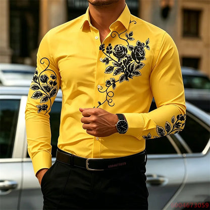 2026 New Men's Shirt with Rose Print, Long Sleeve, Slim Fit, Wrinkle-Free, Business Casual White Shirt, Trendy Men's Shirt