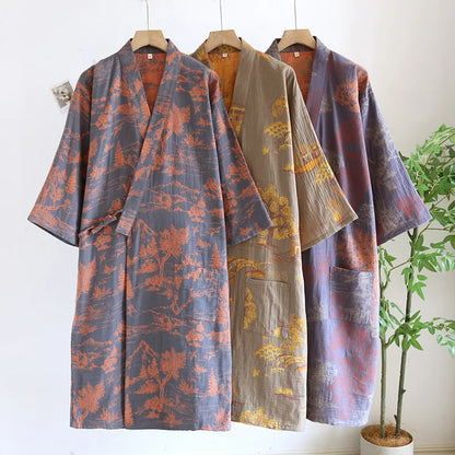 Men's Roomwear Cotton Kimono Pajamas Robes for Spring Jacquard Printed Home Clothing Medium Length Oversized Breathable Bathrobe