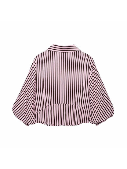 Women Striped Shirts For Women Vintage Elegant Puff Sleeve Summer New High Street Clothes Leisure Single-breasted Lapel Blouse