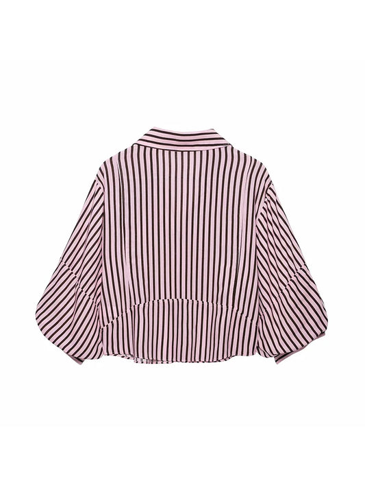 Women Striped Shirts For Women Vintage Elegant Puff Sleeve Summer New High Street Clothes Leisure Single-breasted Lapel Blouse