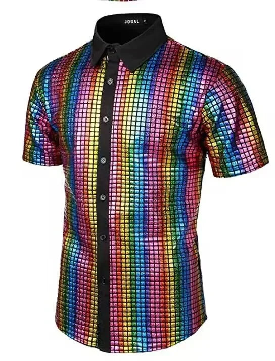 Men's Shiny Shirts Short Sleeve Shirts Nightclub Prom Disco Party Costume Button Blouse Casual Retro Cosplay Shirts Tops for Men