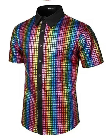 Men's Shiny Shirts Short Sleeve Shirts Nightclub Prom Disco Party Costume Button Blouse Casual Retro Cosplay Shirts Tops for Men