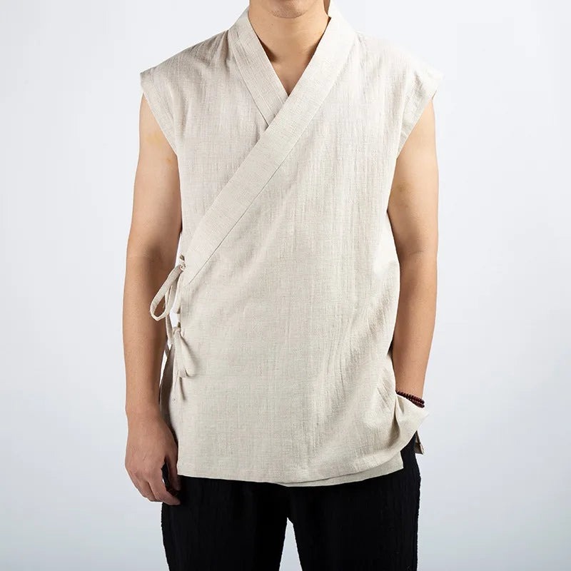 2026 Traditional Chinese Clothing Hanfu Men Linen Cotton Sleeveless Jacket Mens Tang Suit Kimono Cardigan Male Open Stitch Coat