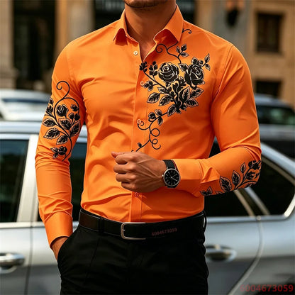 2026 New Men's Shirt with Rose Print, Long Sleeve, Slim Fit, Wrinkle-Free, Business Casual White Shirt, Trendy Men's Shirt