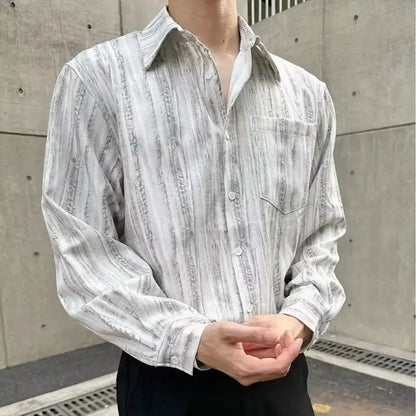 Men's Striped Long-Sleeve Shirt Casual Loose Fit Button-Up Top