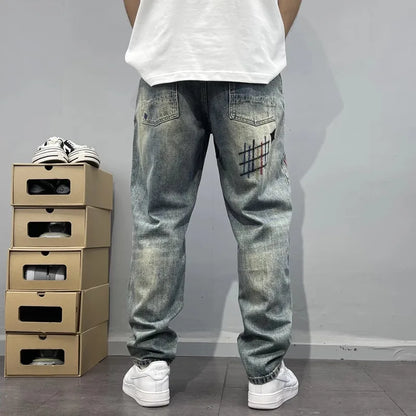 Trendy Edgy And Stylish Men's Jeans With Patchwork Embroidery And Prints Loose-fitting Straight Leg