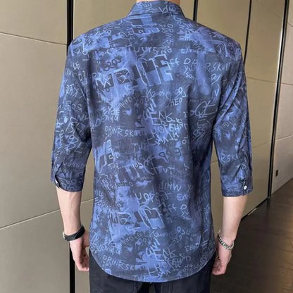 Men's Stylish 3/4 Sleeve Shirt English Letter Print Casual Turn-Down Collar Summer Fashion Breathable Loose Fit Top