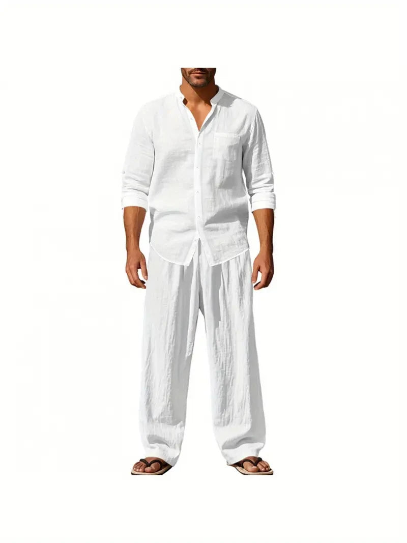 Men's Cotton Linen Shirt and Pants Set Breathable Comfortable Casual Two Piece Outfit Summer Style