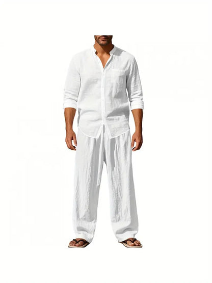 Men's Cotton Linen Shirt and Pants Set Breathable Comfortable Casual Two Piece Outfit Summer Style