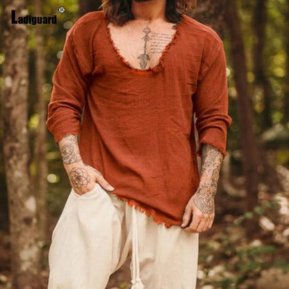 Men's Patchwork T-shirt Men Long Sleeve Fashion Ripped Cotton Tops Latest Summer Casual Linen Pullovers Sexy Mens clothing 2024