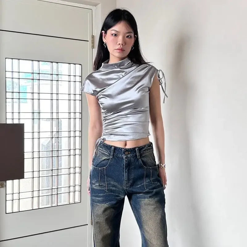 T-shirts Women Short Sleeve Solid Shirring Fashion Streetwear Flods Unique Slim Fit Hotties Chic Tops All-match Half Turtleneck