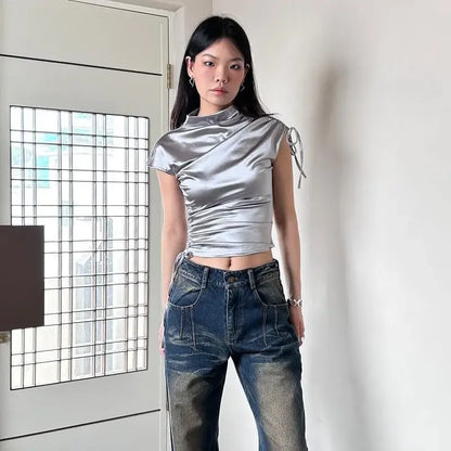 T-shirts Women Short Sleeve Solid Shirring Fashion Streetwear Flods Unique Slim Fit Hotties Chic Tops All-match Half Turtleneck