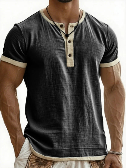 Men's Linen Cotton Patchwork T-shirk Summer Casual Short-sleeved Shirt Comfortable Breathable Top Round Collar Male Clothing