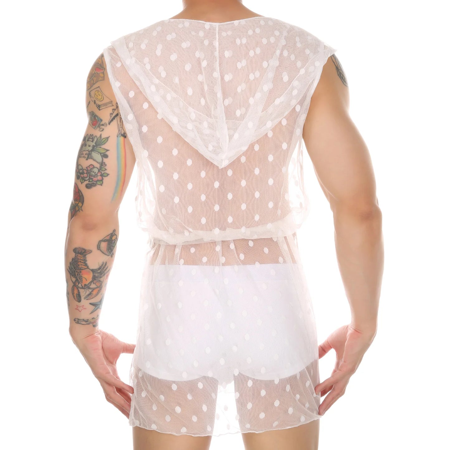 Men Robes Mesh Lace Homewear Sexy Sleepwear Nightwear Nightgown See Through Hooded Long Transparent Leisure Bathrobes
