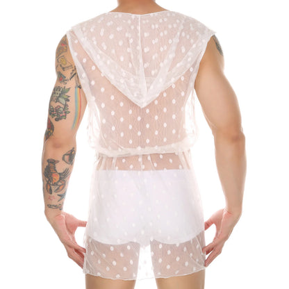 Men Robes Mesh Lace Homewear Sexy Sleepwear Nightwear Nightgown See Through Hooded Long Transparent Leisure Bathrobes