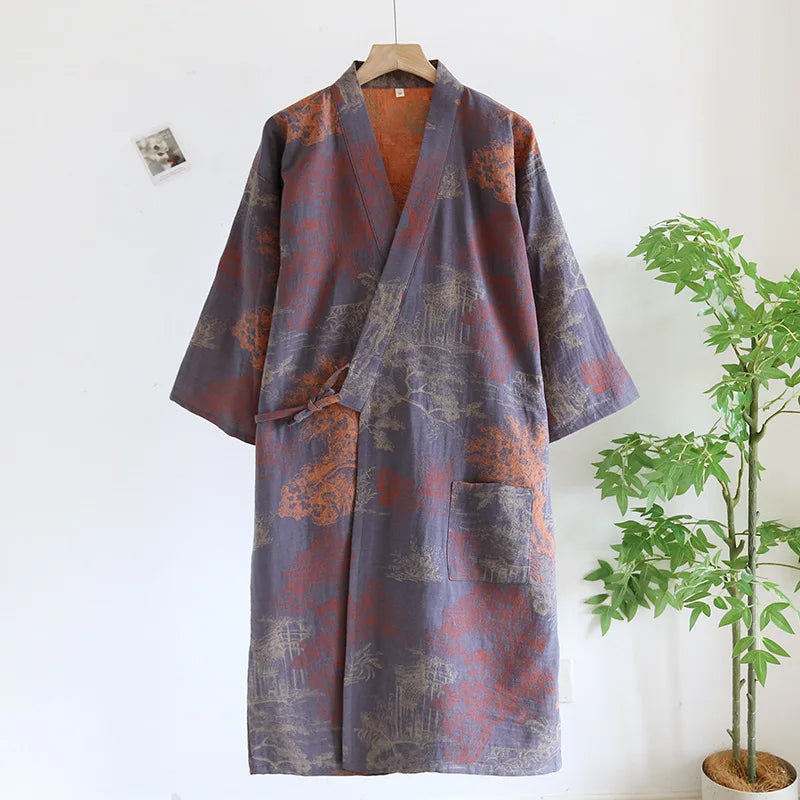 Men's Roomwear Cotton Kimono Pajamas Robes for Spring Jacquard Printed Home Clothing Medium Length Oversized Breathable Bathrobe
