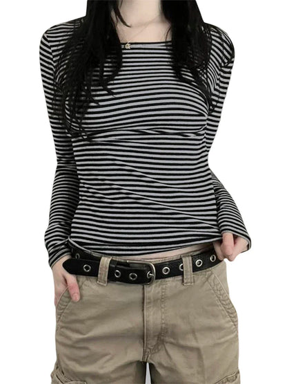 Long Sleeve Shirts for Women Fashion Casual Basic Crew Neck Striped Slim Fit T-shirt Going Out Blouses Y2K Vintage Tight Shirts