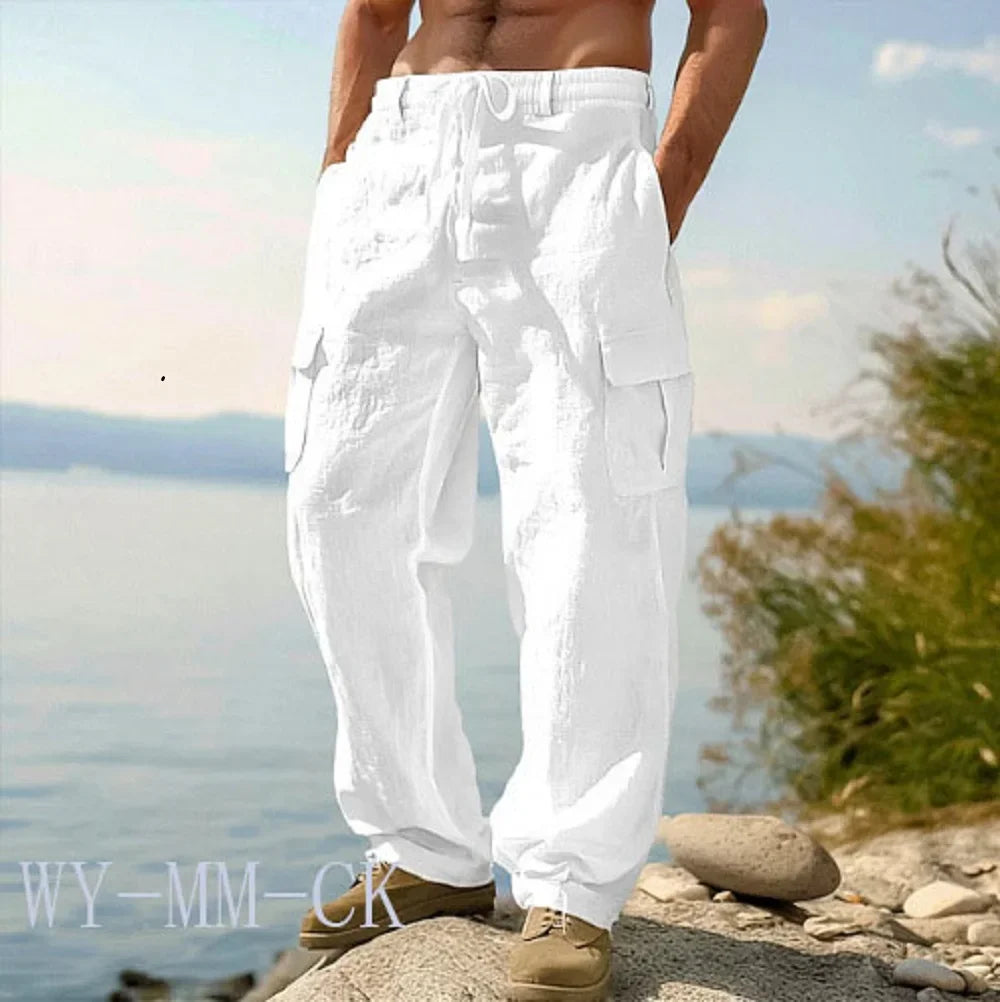 NEW European And American Men's Cotton And Linen Trousers Multi-pocket Work Pants Loose Straight Sportswear And Casual Trousers