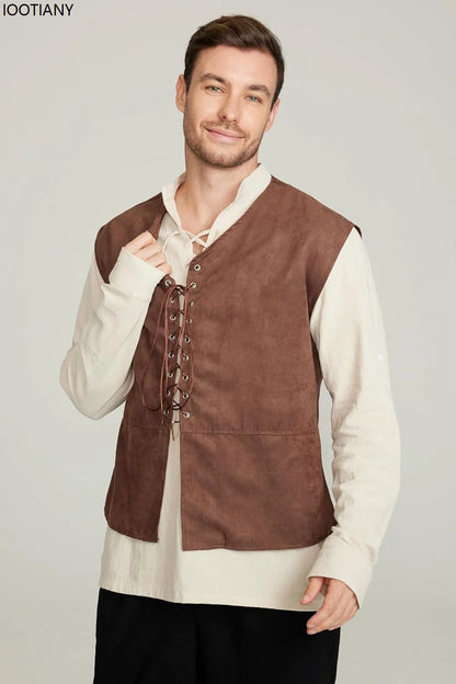 Medieval Renaissance Clothing Men Stand-up Collar Solid Color Shirt Vest Gothic Retro Lace-up Top Plus Vests Two-piece Suits New