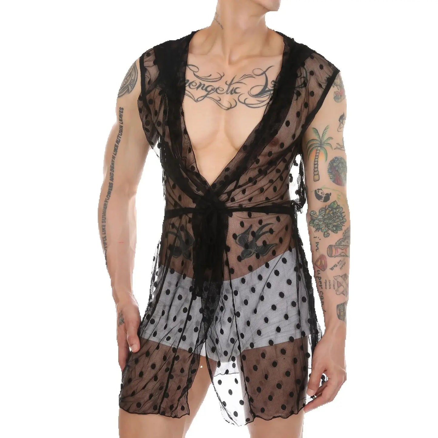 Men Robes Mesh Lace Homewear Sexy Sleepwear Nightwear Nightgown See Through Hooded Long Transparent Leisure Bathrobes