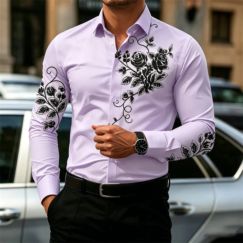 2026 New Men's Shirt with Rose Print, Long Sleeve, Slim Fit, Wrinkle-Free, Business Casual White Shirt, Trendy Men's Shirt
