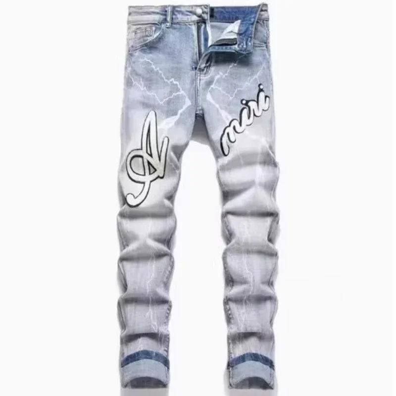 2025 Men Jeans Male Slim High Elasticity Star Embroidery Stretch Mid Waist Casual Jeans Fashion Street Wear Straight Leg Pants