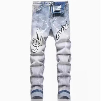 2025 Men Jeans Male Slim High Elasticity Star Embroidery Stretch Mid Waist Casual Jeans Fashion Street Wear Straight Leg Pants
