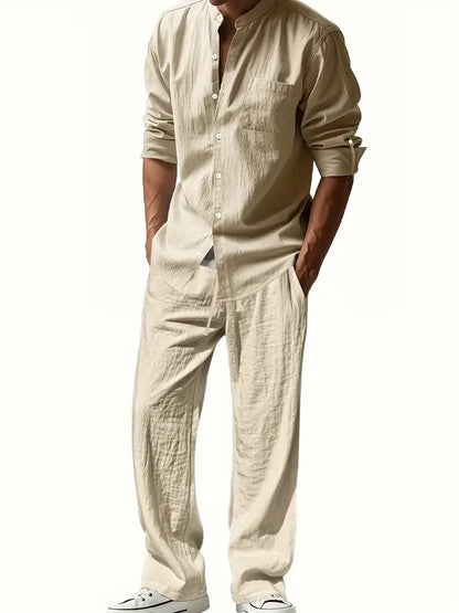 Men's Cotton Linen Shirt and Pants Set Breathable Comfortable Casual Two Piece Outfit Summer Style