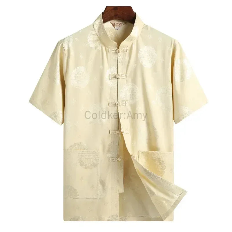 Traditional Chinese Clothing for Men Red Tang Suit Hanfu Short Sleeve Shirt Vintage Kung Fu China Tops Embroidery Clothes