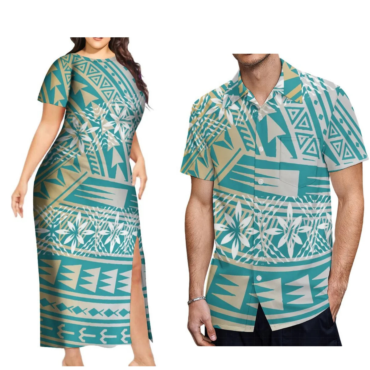 Tax Free New Design Fashion Couple Set Aloha Shirt For Men And Slit Long Skirt For Women Quality Dress Polynesian Island