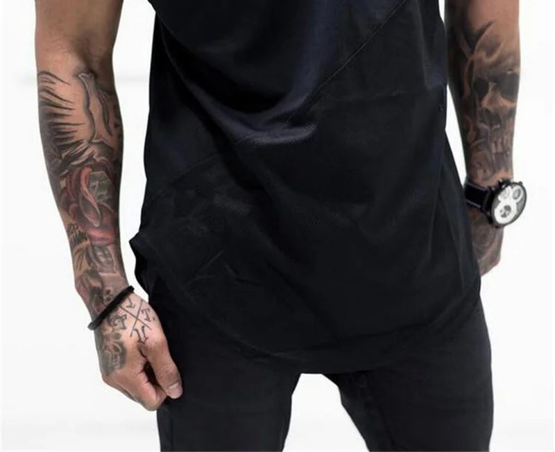 Mens Workout Bodybuilding Muscle Clothing Gym Fitness Cotton Breathable T-shirts Stitching Contrast Color Short Sleeve Shirts