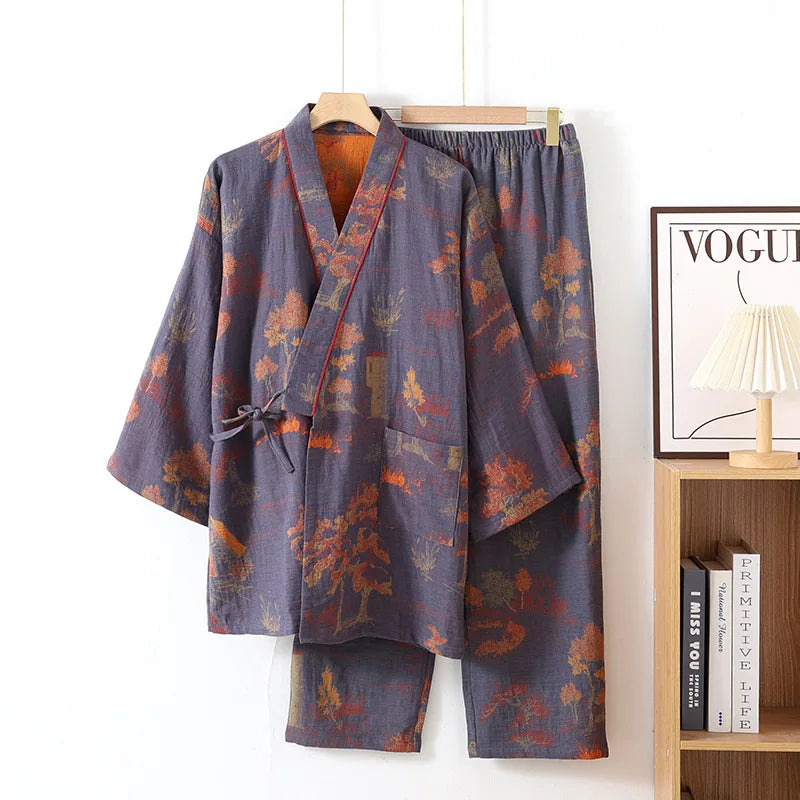 Men's Roomwear Cotton Kimono Pajamas Robes for Spring Jacquard Printed Home Clothing Medium Length Oversized Breathable Bathrobe