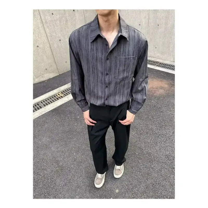 Men's Striped Long-Sleeve Shirt Casual Loose Fit Button-Up Top