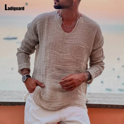 Men's Patchwork T-shirt Men Long Sleeve Fashion Ripped Cotton Tops Latest Summer Casual Linen Pullovers Sexy Mens clothing 2024