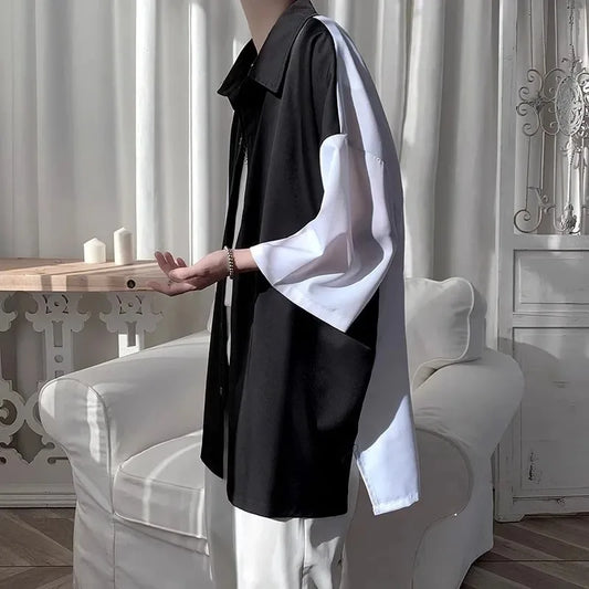 Stitched Contrasting Color Shirt Men's Summer Loose Trendy Brand Three-quarter Sleeve Inch Trend Blouse Patchwork Male Clothes