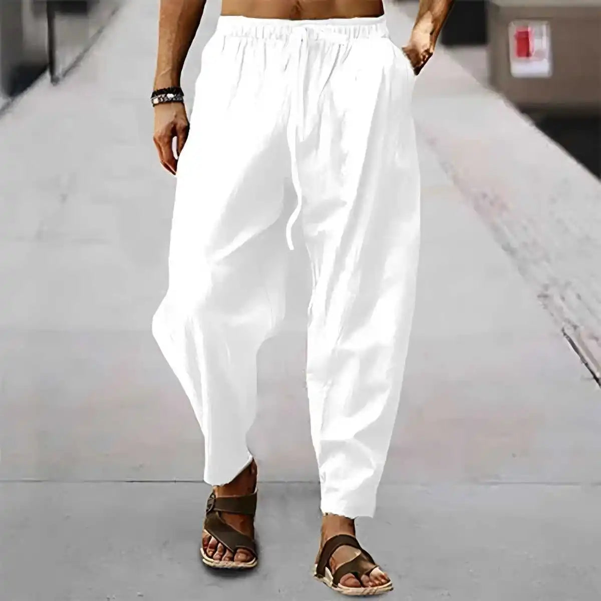 New Men Cotton Linen Pants Summer and Autumn Solid High Waist Wide-Leg Trousers Male Loose Hemp Casual Breathable Sports Pants
