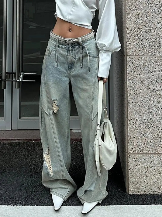 American Retro Ripped Jeans Loose Bf Baggy Jeans Boyfriend Jeans for Women