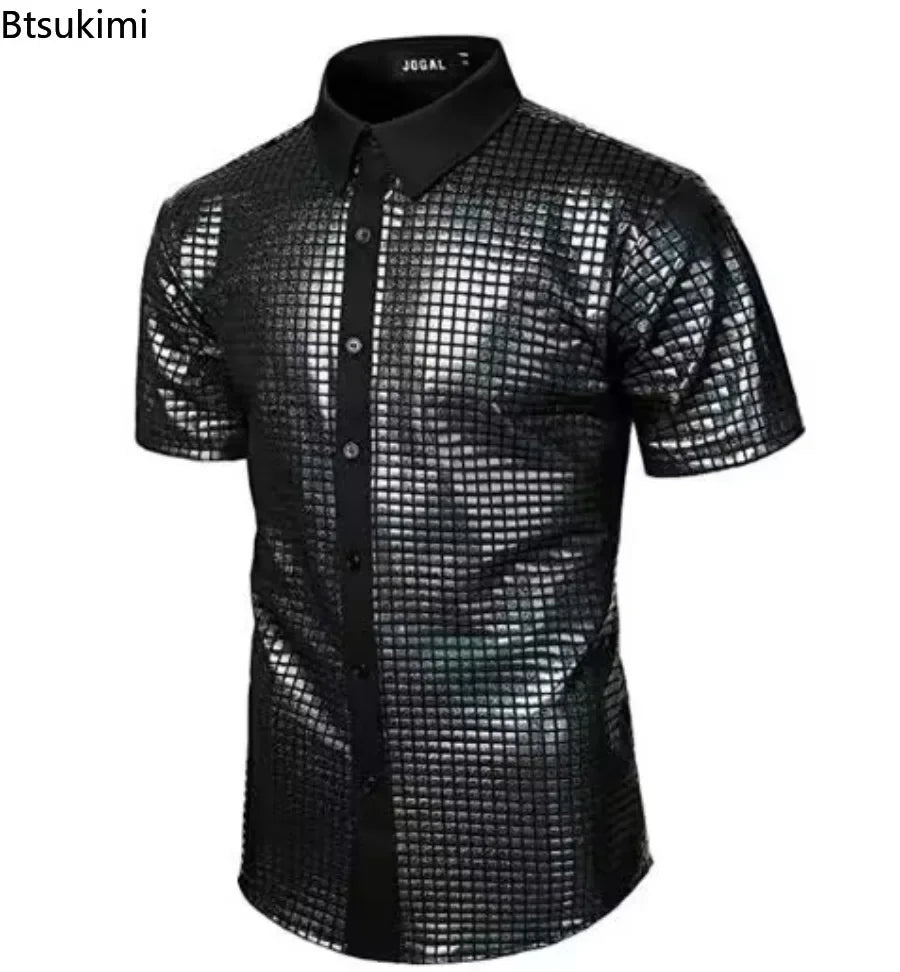Men's Shiny Shirts Short Sleeve Shirts Nightclub Prom Disco Party Costume Button Blouse Casual Retro Cosplay Shirts Tops for Men