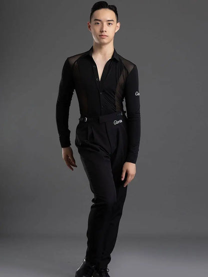 Men's Latin Dance Practice Clothes, Tops, Men's Performance Training Clothes, Long-sleeved Mesh Yarn Body Clothes, Test Clothes
