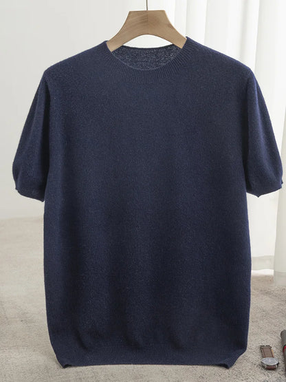 Men Classical T-shirt 100% Merino Wool Sweater O-neck Short Sleeve Pullover Smart Casual Basic Clothing Cashmere Knitwear Tops