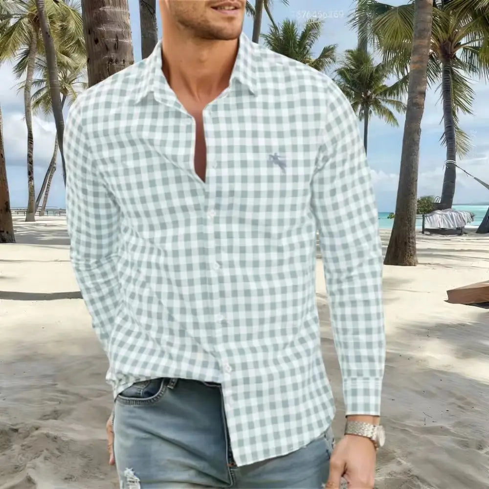 New Men's Shirts Are Available in Striped and Checked Styles, With Various Colors to Choose From. This Casual Long-Sleeved Shirt