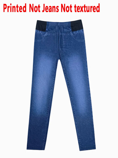 [Printed Pants - Not Denim Fabric] Printed Leggings - Non-Denim Fabric, Women's Trousers, Imitation Denim Printed Leggings for A