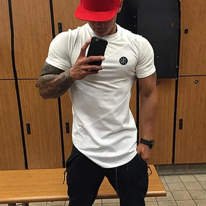 Mens Workout Bodybuilding Muscle Clothing Gym Fitness Cotton Breathable T-shirts Stitching Contrast Color Short Sleeve Shirts