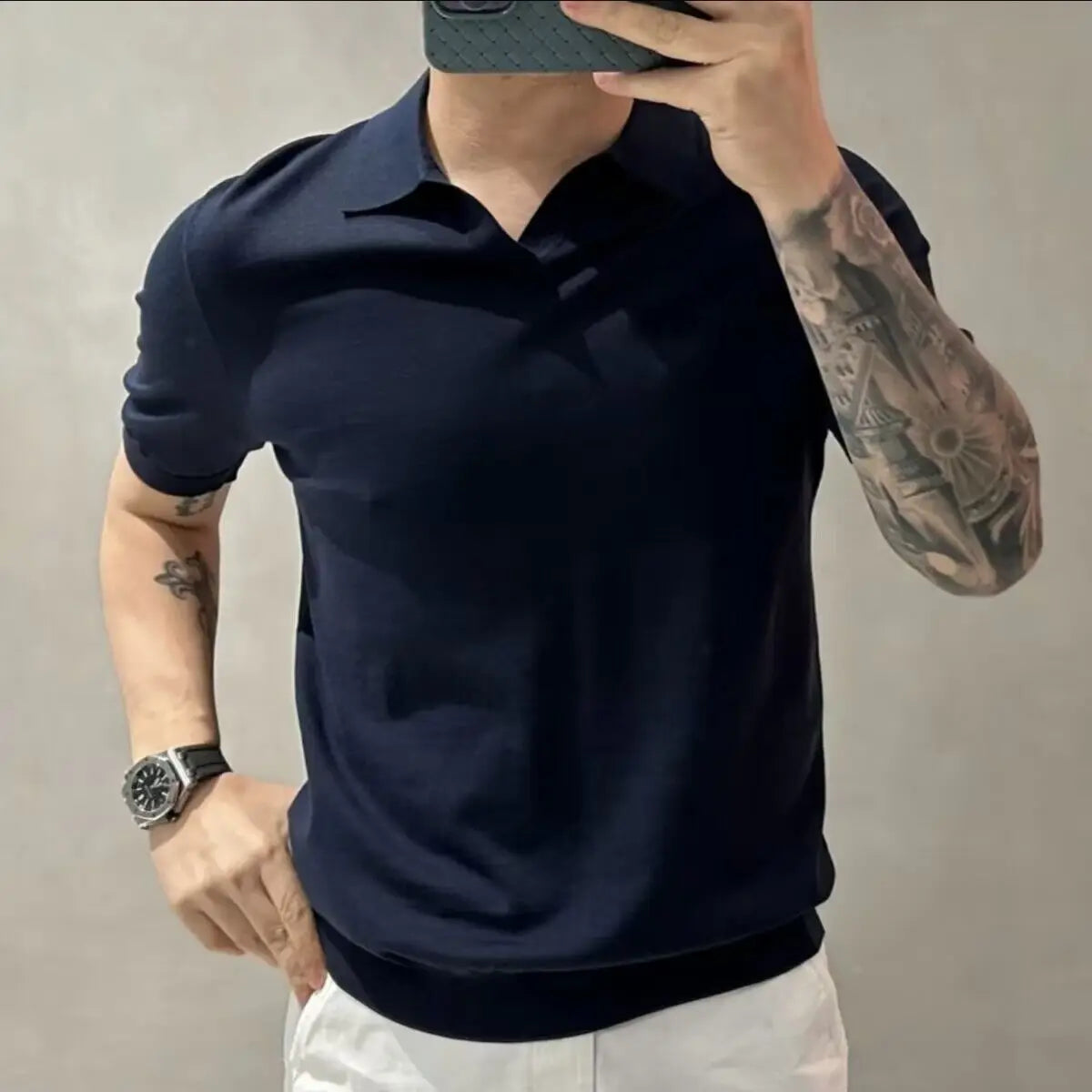 2023 Men's Clothing Light Luxury Knitted Polo Shirt Casual Soild V-Neck Solid Jacquard Short Sleeve T-Shirt Breathable M-4XL