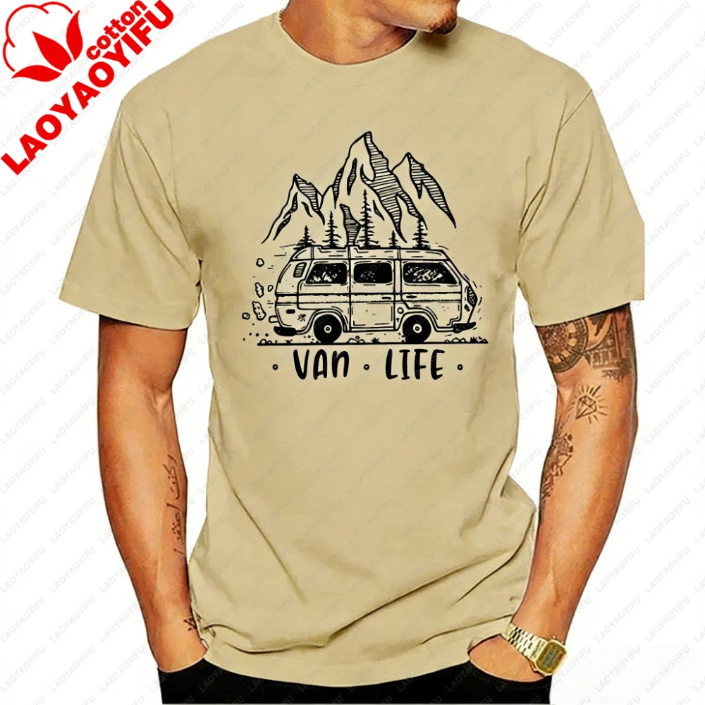 Men Clothing  Van Life Ladies Camping Printed T-Shirt Male Designing T Shirt Top Tee Vintage Outdoor Classic O-neck Woman Tshirt
