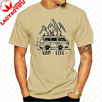 Men Clothing  Van Life Ladies Camping Printed T-Shirt Male Designing T Shirt Top Tee Vintage Outdoor Classic O-neck Woman Tshirt