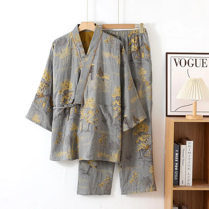 Men's Roomwear Cotton Kimono Pajamas Robes for Spring Jacquard Printed Home Clothing Medium Length Oversized Breathable Bathrobe