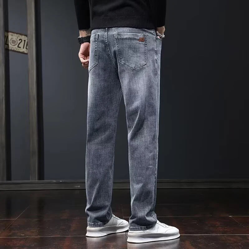 2025 New Men Fashion Loose Straight Elasticity Jeans Male Wear-resistant Slim Fit Denim Pants Smart Casual Dark Gray Trousers