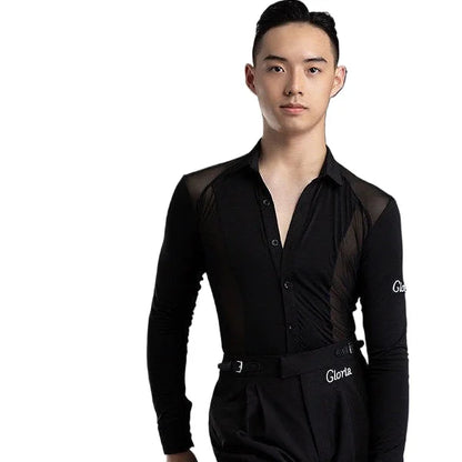 Men's Latin Dance Practice Clothes, Tops, Men's Performance Training Clothes, Long-sleeved Mesh Yarn Body Clothes, Test Clothes